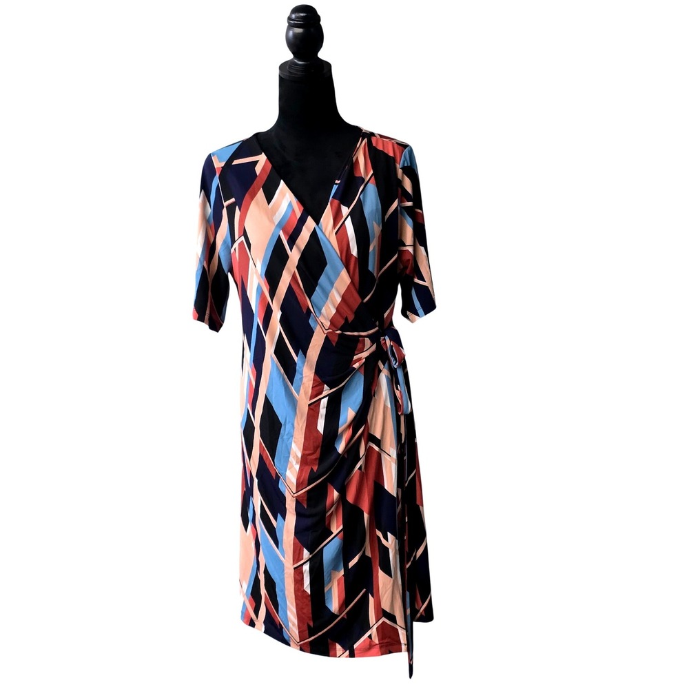 Motherhood Maternity Wrap Dress XL Geometric Abstract Print Navy Rust‎ Blue NWT